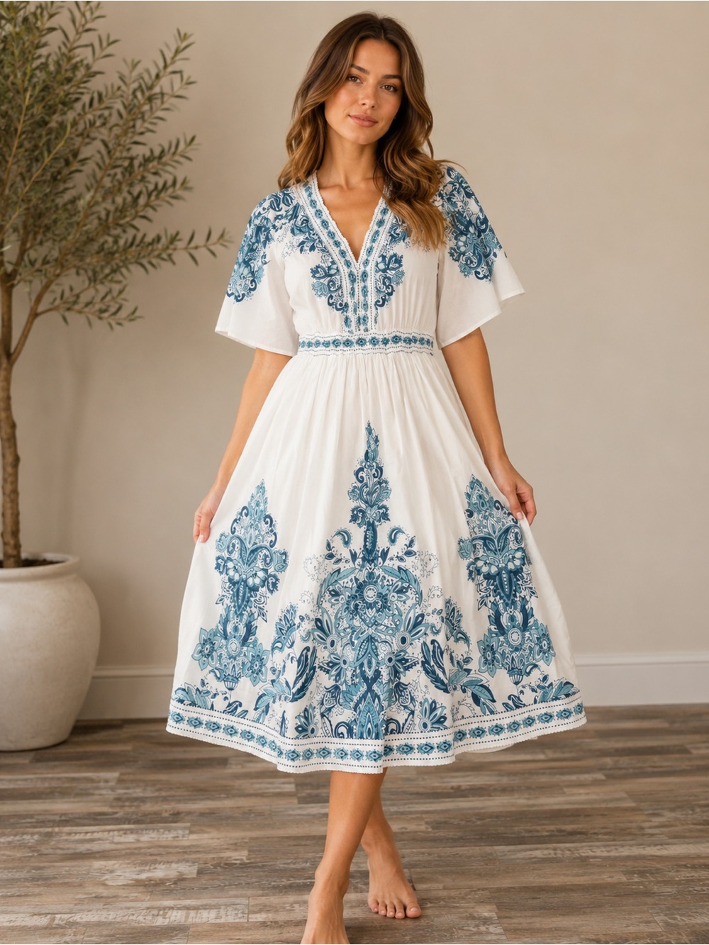 🩷. White Midi Dress with Blue Embroidered Motif Print